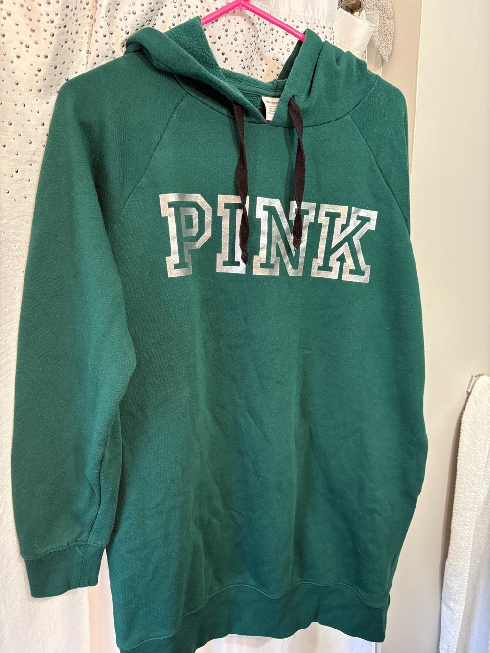 PINK Victoria's Secret Forest Green Hoodie with White Logo